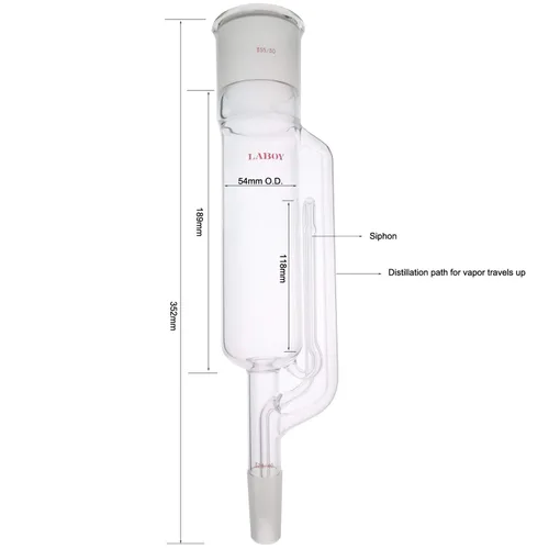 Vista 2 de Laboy Tubo extractor de vidrio Soxhlet 55/50 Junta superior 24/40 Parte inferior con tubo de sifón Aparato de articulación Cuerpo de extracción