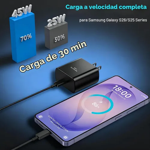 Vista 4 de Cargador súper rápido USB C de 45 W para teléfono Android tipo C, bloque de carga rápida con cable de 5 pies para Samsung Galaxy S26/S26