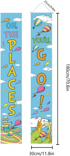 Vista 3 de Cartel de porche para Oh The Places You'll Go con 70.8 x 11.8 pulgadas, decoraciones de fiesta temática para decoración de graduación preescolar