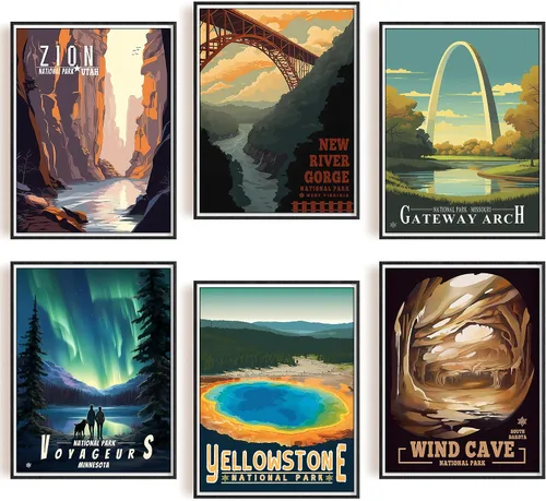 Vista 10 de SHOXREM Arte abstracto para pared del parque nacional: juego de 6 carteles de viaje para celebrar la decoración de pared de montaña, 8 pulgadas