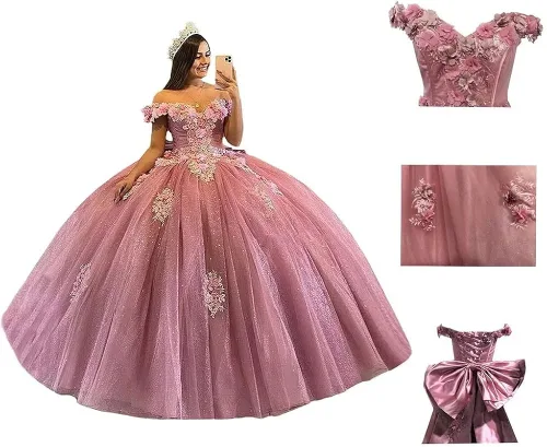 Vista 4 de Youjiayi Vestidos de quinceañera con hombros descubiertos, vestido de baile floral 3D Sweet 15 16, vestidos hinchados de graduación con tren YJY77