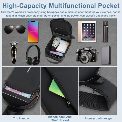 Vista 2 de Bolso bandolera con recarga USB, mochila deportiva impermeable en el pecho, mochila de hombro para viajes y viajes, Negro dorado, Ocio
