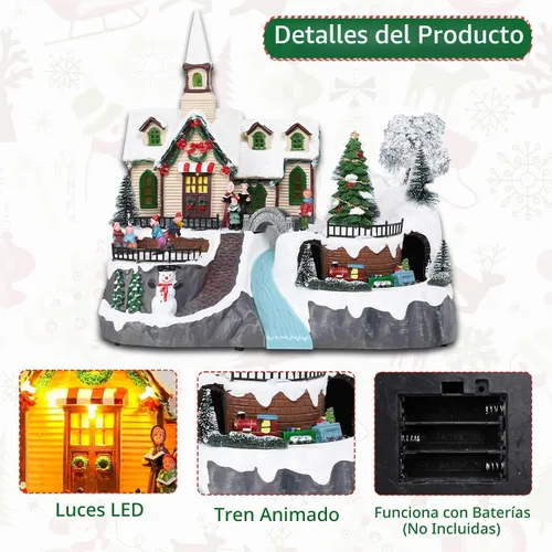 Vista 5 de DREAM GARDEN Casa de pueblo de Navidad, iglesia iluminada con tren en movimiento y árbol de Navidad, funciona con pilas, edificios musicales
