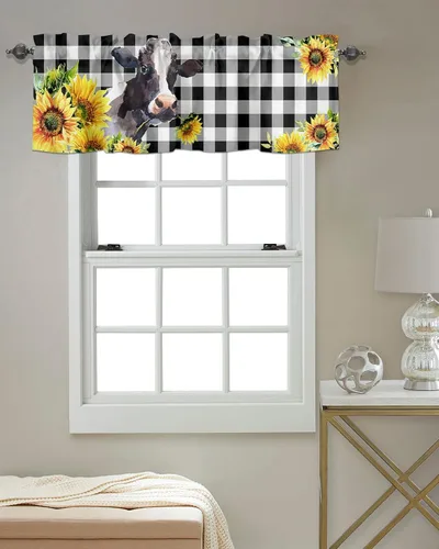 Vista 4 de Cortinas de vaca, cenefas de ventana de animales de granja, cenefas de cocina de girasol amarillo, cenefas de cocina, bolsillo para barra, cuadros