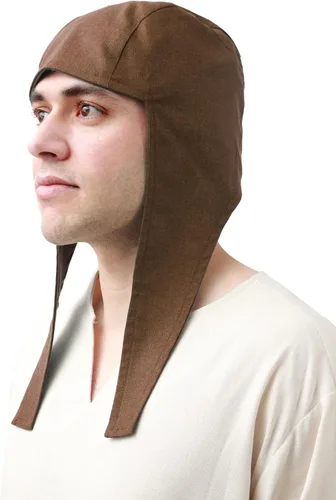 Vista 2 de FURPHI Gorra Coif medieval de lino con orejeras para hombre, sombreros renacentistas