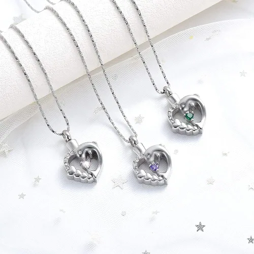 Vista 7 de Yinplsmemory Collar de urna de corazón de delfín para cenizas para mujer, colgante de urna de corazón de cristal, collar de recuerdo de cenizas