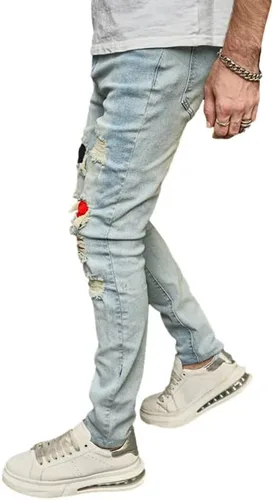 Vista 3 de Jeans ajustados para hombre de pierna recta, pantalones vaqueros ajustados elásticos impresos para hombre