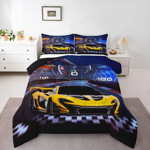 Vista 33 de Feelyou Juego de edredón azul de carreras para niños, juego de ropa de cama de coche deportivo para niños y niños, edredón deportivo geométrico a