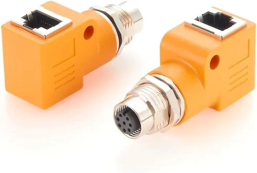 Vista 5 de Elecbee Adaptador de mamparo M12 a RJ45 impermeable M12 A Código 8 Pin hembra a RJ45 Jack de ángulo recto naranja