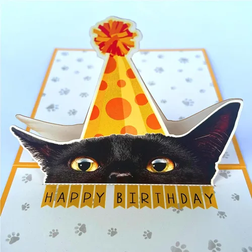Vista 3 de Tarjeta de cumpleaños de gato negro, tarjeta desplegable 3D con sobre, tarjeta de felicitación de feliz cumpleaños para amantes de los gatos