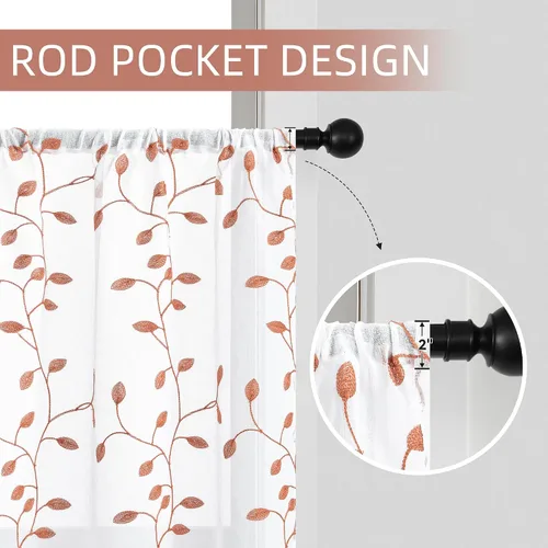 Vista 2 de MRTREES Cortinas traslúcidas de cocina de 24 pulgadas, cortinas cortas bordadas con hojas de terracota para baño, mini ventana, bolsillo para barra