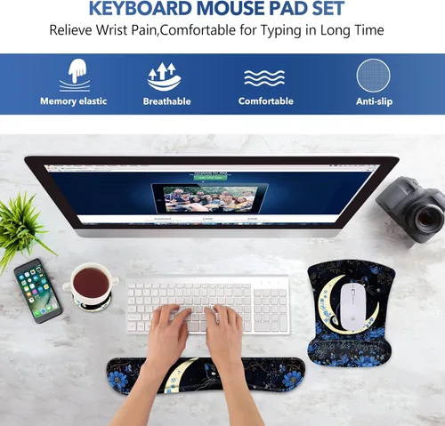 Vista 5 de AIMSA Alfombrilla de mouse con reposamuñecas, juego de alfombrillas de mouse con soporte de muñeca de gato negro, alfombrilla ergonómica con base