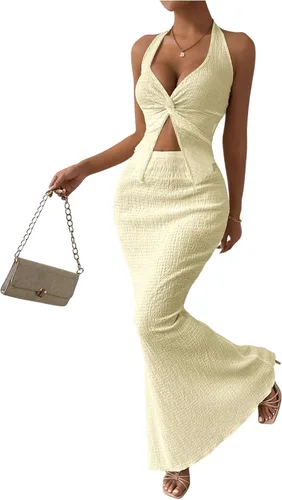 Vista 42 de SOLY HUX - Conjunto de dos piezas de verano para mujer, con parte superior tipo camisola con cuello halter, nudo frontal y falda marrón (Plain Brown)