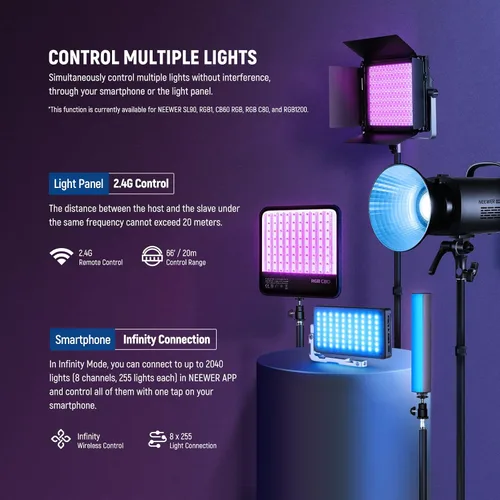Vista 6 de NEEWER Paquete de 2 luces LED de video RGB1200 con control de aplicación/2.4G, kit de iluminación clave con soportes de trípode y bolsa