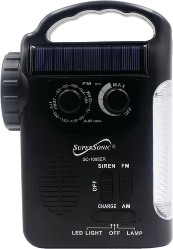 Vista 7 de Supersonic SC-1095ER Radio de emergencia solar/manivela con linterna, 3 fuentes de alimentación, linterna de emergencia, altavoz, radio AM/FM, panel