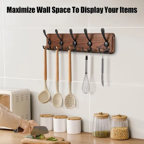 Vista 5 de Gohiuo Perchero Rústico para Montaje en Pared, Ganchos de Pared de Madera con 5 Ganchos Triples, Perchero de Madera Resistente para Colgar
