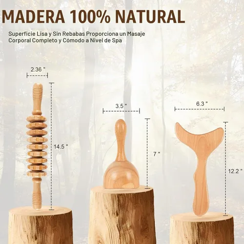 Vista 6 de KintKita Herramientas de masaje de terapia de madera 3 en 1, masajeador de drenaje linfático de madera, kit de maderoterapia, masajeador profesional