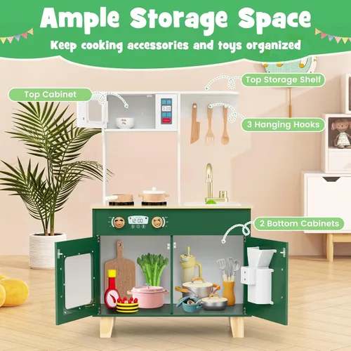 Vista 4 de Costzon Cocina de juego para niños, juego de cocina Little Chef con microondas, estufas, pomos de rotación, dispensador de hielo, grifo, fregadero
