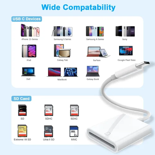 Vista 2 de Lector de tarjetas SD USB C para iPhone, lector de tarjetas de memoria USB-C USB C a SD, adaptador de cámara de juego Trail para 15/iPad/MacBook