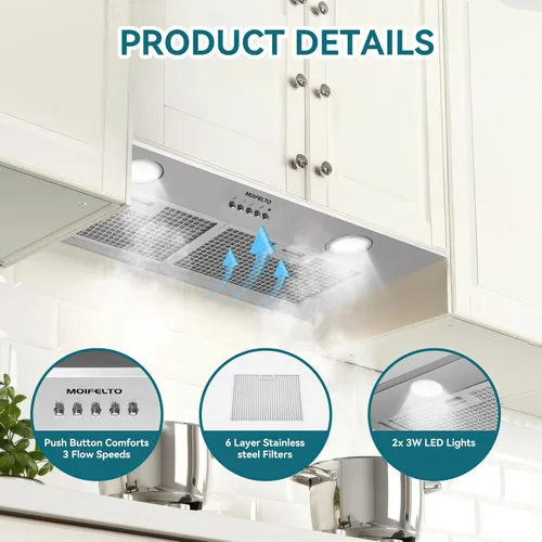 Vista 4 de Campana extractora integrada/de inserción de 700 CFM de 30 pulgadas - Campana de ventilación de cocina convertible con conductos/sin conductos con 3