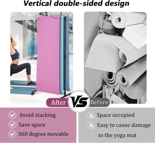 Vista 4 de Soporte para colchoneta de yoga colgante, carrito de almacenamiento de metal de doble cara sobre ruedas, estante para pilates de pie para gimnasio