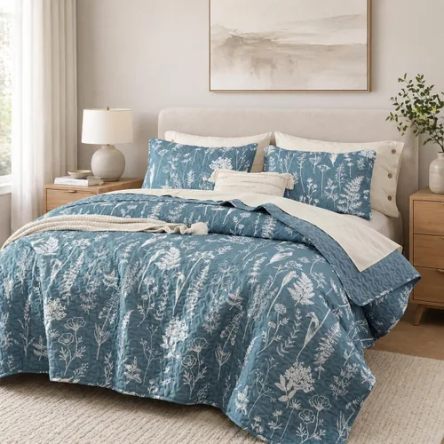 Vista 12 de JANZAA Juego de colcha tamaño Queen de 3 piezas con patrón floral, de microfibra ligera, ropa de cama reversible, 1 colcha y 2 fundas de almohada