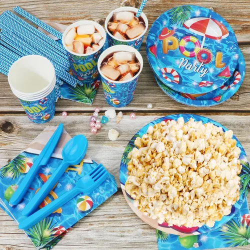 Vista 6 de PHOGARY Juego de vajilla de 93 piezas para fiesta de verano en la piscina, incluye platos de fiesta en la piscina, servilletas, pajitas, cucharas