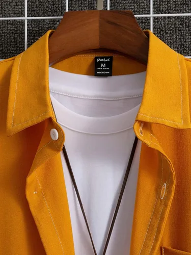Vista 3 de SHENHE Camisa casual de manga corta con botones y cuello sólido con bolsillo para hombre