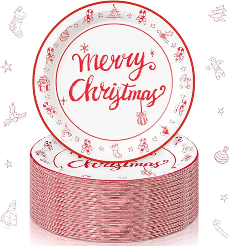 Vista 12 de Shellwei 100 platos de papel de Navidad de 7 pulgadas, platos de fiesta de Navidad a granel desechables para suministros de fiesta de Navidad