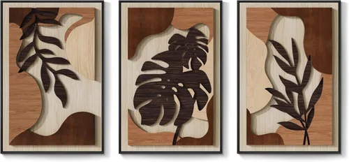 Vista 8 de Arte de pared de madera 3D con textura bohemia 3D para dormitorio, 3 piezas de arte de madera tallada botánica tropical para paredes, hoja de Marrón