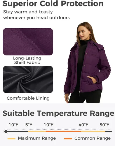 Vista 4 de Wantdo Abrigo de invierno cálido con capucha para mujer, chaqueta acolchada gruesa con capucha extraíble