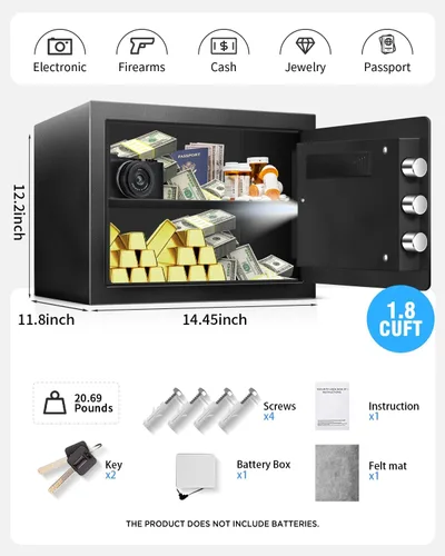 Vista 6 de TOTOY 2.0 Cu Ft Steel Fireproof Safe Lock Box For Home with Fire proof Bag Electronic Keypad, LED Sensor Light, Removable Shelf, External