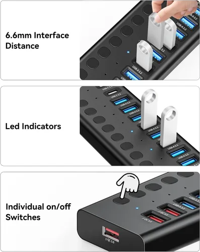 Vista 7 de Hub USB alimentado, concentrador USB 3.2 de 16 puertos AGEEN