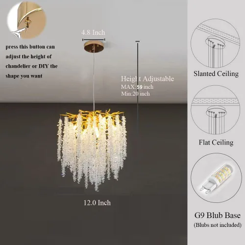 Vista 4 de Candelabro de Cristal Rama de Árbol Dorado Gota de Lluvia Redonda Lámpara Colgante con Borla Luminaria de Techo Colgante para Dormitorio Sala