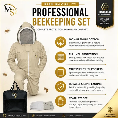 Vista 2 de MS Traje de apicultor de algodón de abeja con un par de guantes y velo de esgrima