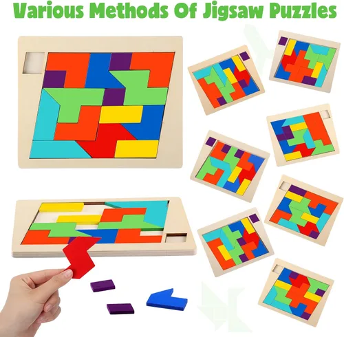 Vista 7 de Yunsailing Paquete de 3 rompecabezas grandes de madera hexagonal Tangram rompecabezas de madera rusa para adultos desafío teasers geométrico, lógica