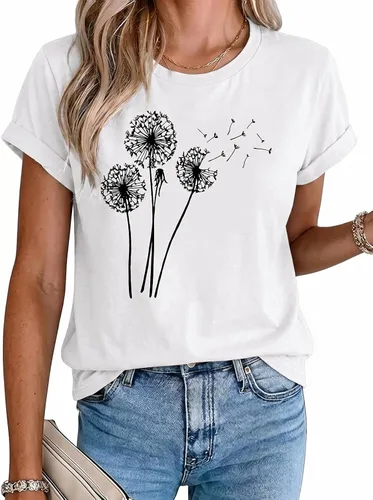 Vista 5 de MaQiYa - Camiseta de verano con estampado de diente de león para mujer, diseño vintage Negro