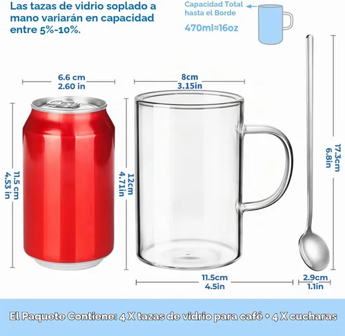Vista 2 de ecooe - Juego de 4 tazas de café de vidrio borosilicato de 16 onzas con Transparente