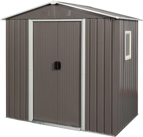 Vista 8 de Cobertizo de almacenamiento para exteriores de 6.23 x 4.3 pies con base de metal, puertas correderas y ventanas, protección solar, cobertizo de Gris