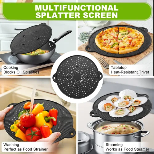 Vista 7 de Pantalla de silicona de 13" para sartén - Protector de salpicaduras de Mango resistente al calor, multiuso, protector contra salpicaduras de aceite