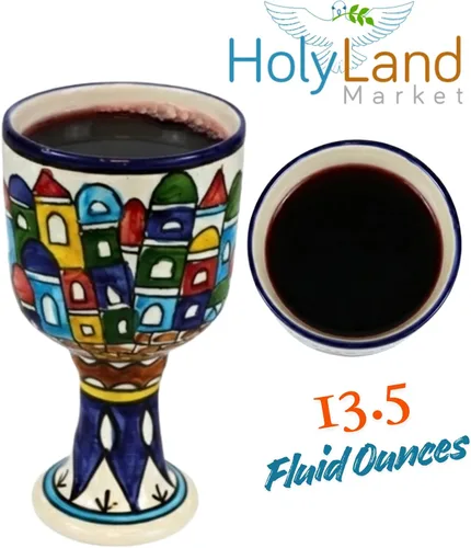 Vista 3 de Holy Land Market Copa de vino de cerámica armenia - Murallas y vistas de la ciudad de Jerusalén, diseño de cerámica medieval, grande de 6.5 pulgadas