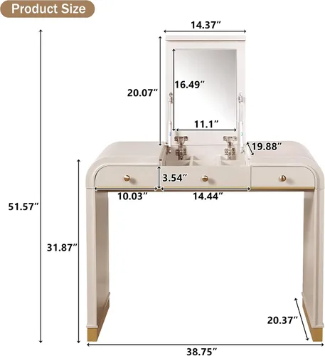 Vista 6 de Escritorio clásico de madera con espejo abatible, tocador 3 en 1 con 2 cajones y espacio de almacenamiento para dormitorio, champán