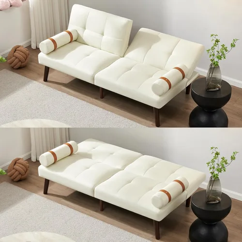 Vista 21 de HMFULE Sofá cama convertible con patas de madera maciza, tela de lino, moderno sofá futón tapizado ajustable para espacio de vida compacto, azul