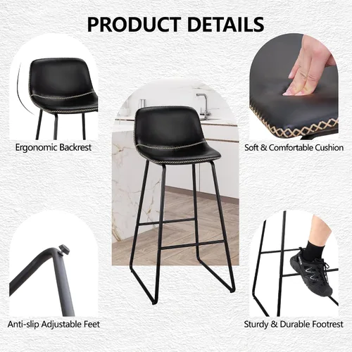 Vista 3 de HeuGah Juego de 2 taburetes de bar de piel sintética, sillas de comedor con patas de metal y respaldo suave, fáciles de montar