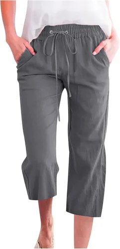 Vista 5 de Ceboyel Pantalones capri para mujer para verano, cintura elástica, pantalones de yoga, con cordón, pantalones de lino, pantalones de entrenamiento