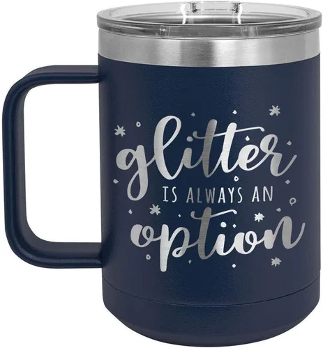 Vista 18 de GLITTER IS SIEMPRE UNA OPCIÓN Negro Taza de café de 15 oz con tapa deslizante Taza de café de viaje con aislamiento Ideas de regalos