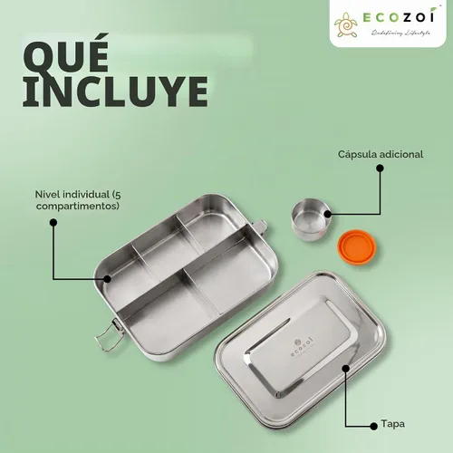 Vista 11 de ecozoi - Lonchera Bento de acero inoxidable con 5 compartimentos para adultos y niños, recipiente de metal a prueba de fugas de 50 onzas con taza