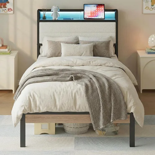 Vista 11 de LIKIMIO - Base de cama Queen con cabecero, luces LED y estación de carga Gris carbón