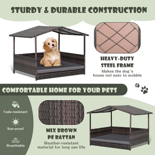 Vista 3 de Giantex Casa de mimbre para perro, cama elevada de ratán para perros con techo impermeable, funda de cojín lavable, marco de acero, cama elevada