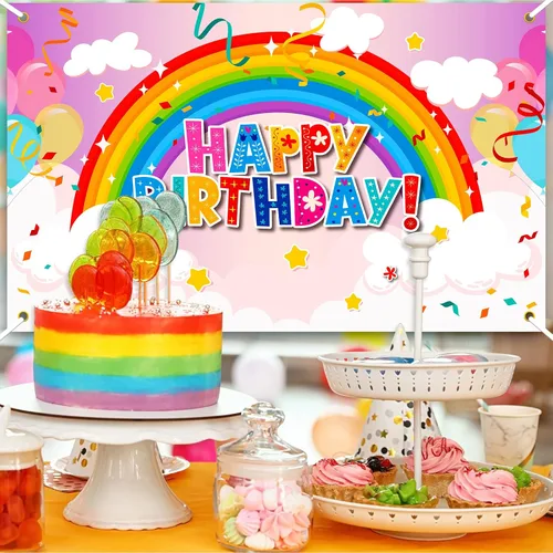 Vista 5 de Remerry Telón de fondo de cumpleaños arcoíris para niñas, colorido decoración de fiesta de feliz cumpleaños, pancarta para niñas, niños y adultos